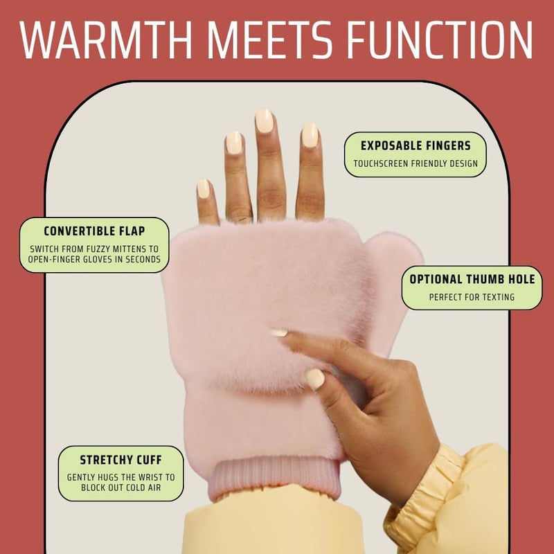 Funky Junque Faux Fur Flip Mittens Womens Warm Convertible Fingerless Gloves - Image 3